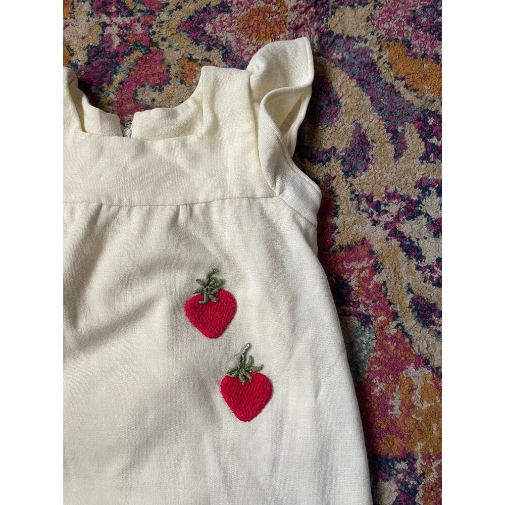 Vintage Cream Linen Toddler Dress with Strawberry Embroidery